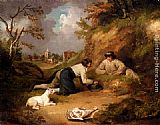 Two Men Hunting Rabbits With Their Dog, A Village Beyond by George Morland